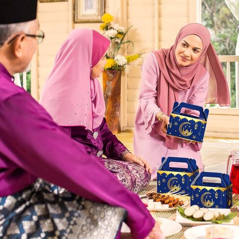 TaoBary 24 Pack Eid Al Adha Treat Box Muslin Islam Ramadan Party Candy Boxes Paper Eid Gift Boxes Foldable Eid Mubarak for Eid Al Adha Party Muslim Party Supplies, Goodie and Gifts(Blue and Gold) in Saudi Arabia