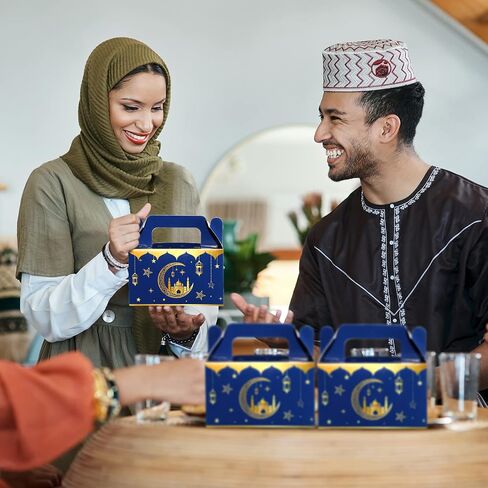 TaoBary 24 Pack Eid Al Adha Treat Box Muslin Islam Ramadan Party Candy Boxes Paper Eid Gift Boxes Foldable Eid Mubarak for Eid Al Adha Party Muslim Party Supplies, Goodie and Gifts(Blue and Gold) in Saudi Arabia