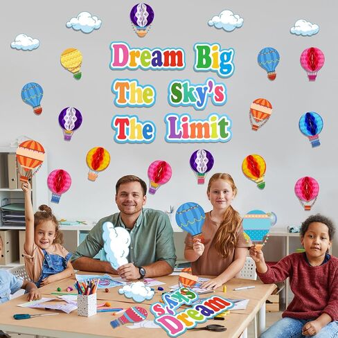TaoBary 84 Pcs 3D Hot Air Balloon Honeycomb Bulletin Board Set Caterpillars Balloon Bulletin Board Cutouts Honeycomb Apple Popcorn Classroom Bulletin Board Decoration for School (Globo Encantador) in Saudi Arabia