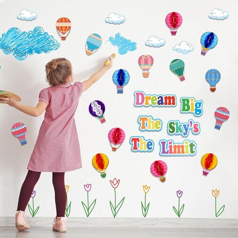 TaoBary 84 Pcs 3D Hot Air Balloon Honeycomb Bulletin Board Set Caterpillars Balloon Bulletin Board Cutouts Honeycomb Apple Popcorn Classroom Bulletin Board Decoration for School (Globo Encantador) in Saudi Arabia