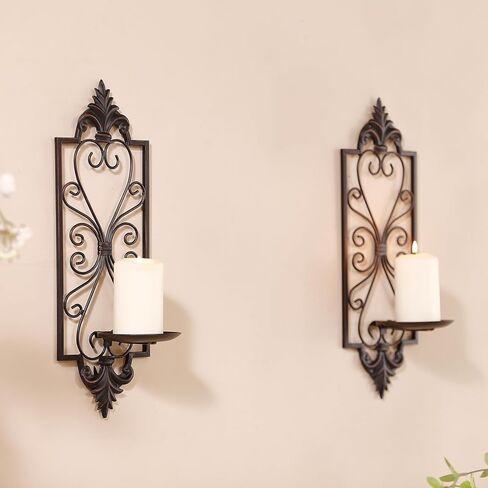 مجموعة شمعدانات شموع معدنية لتزيين الحائط مكونة من قطعتين، حامل شموع حائط بارتفاع 16.5 سم، برونزي in Kuwait