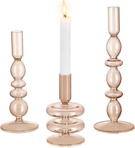 Glasseam Amber Glass Candle Holders: Tall Skinny Candle Holders Set of 3, Modern Candle Holders for Taper Candlesticks, Decorative Candle Holders for Wedding Table Centerpiece Dinning Room Decor in Saudi Arabia