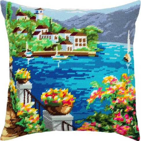 Brvsk Landscape Embroidery Kit for Adults and Beginners — Corfu 16″ × 16″ with Clear, Precise Printed Design on Cotton Canvas; Includes 2 Needles, Yarn, and Easy-Read Chart in Saudi Arabia