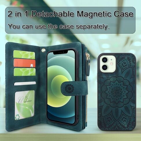 حافظة Harryshell متوافقة مع iPhone 12 / iPhone 12 Pro، محفظة جلدية بسحاب مغناطيسي قابل للفصل وجيب للنقود مع 12 فتحة للبطاقات وحزام معصم لهاتف iPhone 12 / Pro 2020 مقاس 6.1 بوصة باللون الأحمر الخمري in Kuwait