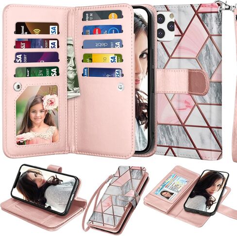 حافظة محفظة NJJEX لهاتف iPhone 11 PRO Max 2019، حافظة iPhone 11 PRO Max (6.5 بوصة)، [9 فتحات للبطاقات] حامل بطاقة هوية من جلد البولي يوريثان قابل للفصل [قابل للفصل] غطاء هاتف مغناطيسي وحبل - ذهبي وردي in Saudi Arabia