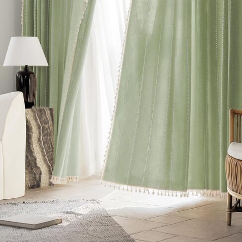 ستائر خضراء حكيمة بطول 84 بوصة مكونة من لوحتين، ستائر مطرزة طويلة مخططة من الكتان في مزرعة بوهو مع شرابات لغرفة النوم وغرفة المعيشة، معالجة نافذة جيب قضيب تصفية الضوء، 52 بوصة × 84 بوصة in Kuwait