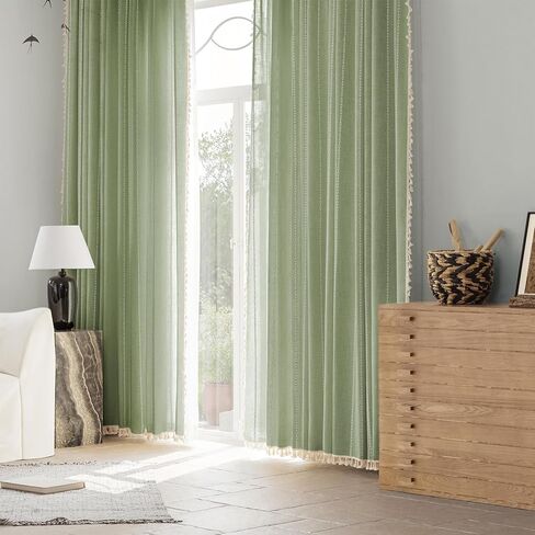 ستائر خضراء حكيمة بطول 84 بوصة مكونة من لوحتين، ستائر مطرزة طويلة مخططة من الكتان في مزرعة بوهو مع شرابات لغرفة النوم وغرفة المعيشة، معالجة نافذة جيب قضيب تصفية الضوء، 52 بوصة × 84 بوصة in Kuwait