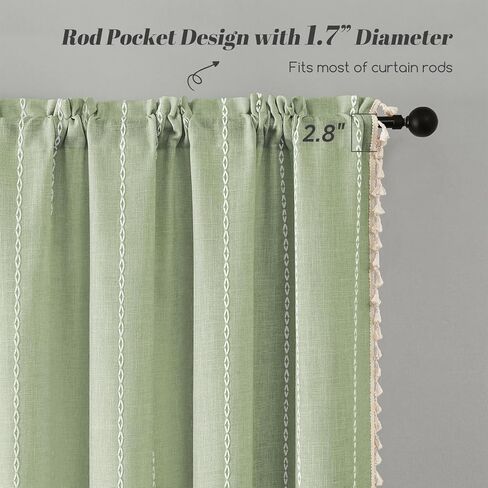 ستائر خضراء حكيمة بطول 84 بوصة مكونة من لوحتين، ستائر مطرزة طويلة مخططة من الكتان في مزرعة بوهو مع شرابات لغرفة النوم وغرفة المعيشة، معالجة نافذة جيب قضيب تصفية الضوء، 52 بوصة × 84 بوصة in Kuwait