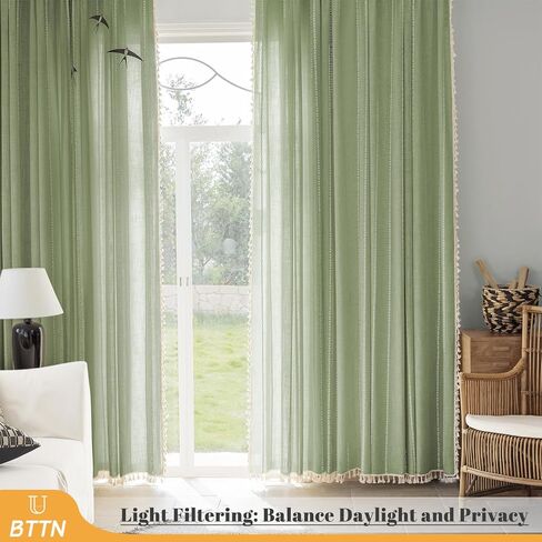 ستائر خضراء حكيمة بطول 84 بوصة مكونة من لوحتين، ستائر مطرزة طويلة مخططة من الكتان في مزرعة بوهو مع شرابات لغرفة النوم وغرفة المعيشة، معالجة نافذة جيب قضيب تصفية الضوء، 52 بوصة × 84 بوصة in Kuwait