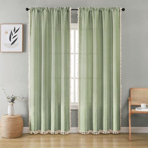 ستائر خضراء حكيمة بطول 84 بوصة مكونة من لوحتين، ستائر مطرزة طويلة مخططة من الكتان في مزرعة بوهو مع شرابات لغرفة النوم وغرفة المعيشة، معالجة نافذة جيب قضيب تصفية الضوء، 52 بوصة × 84 بوصة in Kuwait