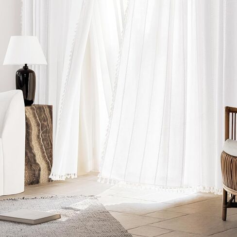 ستائر خضراء حكيمة بطول 84 بوصة مكونة من لوحتين، ستائر مطرزة طويلة مخططة من الكتان في مزرعة بوهو مع شرابات لغرفة النوم وغرفة المعيشة، معالجة نافذة جيب قضيب تصفية الضوء، 52 بوصة × 84 بوصة in Kuwait