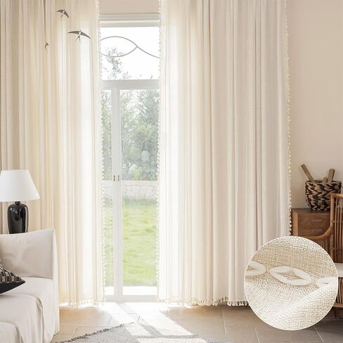 ستائر خضراء حكيمة بطول 84 بوصة مكونة من لوحتين، ستائر مطرزة طويلة مخططة من الكتان في مزرعة بوهو مع شرابات لغرفة النوم وغرفة المعيشة، معالجة نافذة جيب قضيب تصفية الضوء، 52 بوصة × 84 بوصة in Kuwait