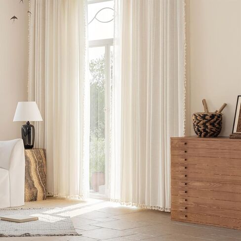 ستائر خضراء حكيمة بطول 84 بوصة مكونة من لوحتين، ستائر مطرزة طويلة مخططة من الكتان في مزرعة بوهو مع شرابات لغرفة النوم وغرفة المعيشة، معالجة نافذة جيب قضيب تصفية الضوء، 52 بوصة × 84 بوصة in Kuwait