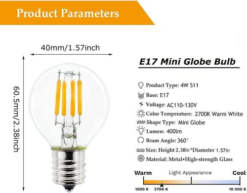 2-Pack E17 S11 LED Light Bulb,E17 Intermediate Base Globe Bulb 4W Daylight 5000K,40 Watt S11 G40 Incandescent Bulb Replacement for Desk Lamp,Cabinet,Closet,Non-Dimmable in Saudi Arabia