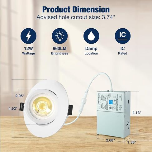 1 حزم 4 بوصة Gimbal LED راحة الضوء مع صندوق وصلات 12 وات، 5 ألوان قابلة للتعديل 2700K-5000K، 360 درجة + 90 درجة إضاءة مقلة العين اتجاهية قابلة للتعديل، مصابيح راحة مقاومة للماء للاستحمام in Kuwait