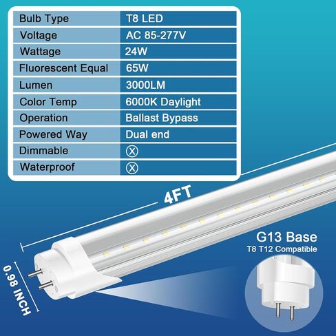 4 حزمة لمبات T8 LED 4 أقدام، 24 وات 3000LM، ضوء النهار 6000 كلفن، تجاوز الصابورة، مصابيح كهربائية من النوع B مزدوجة الأطراف، استبدال أنبوب الفلورسنت LED T8 T12، لمبة إضاءة LED للمتجر، غير قابلة للتعتيم in Kuwait