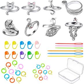 GYSYELL 8 Pcs Crochet Ring with 30 Stitch Markers and 6 pcs Large Eye Plastic Sewing Needles,Crochet Ring for Finger with Storage Box,Crochet Tension Ring for DIY Crocheting and Sewing Crafts