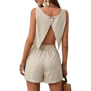MakeMeChic Women's Summer 2 Piece Outfits Split Back Crop Tank Top and Paperbag Shorts Set in Saudi Arabia