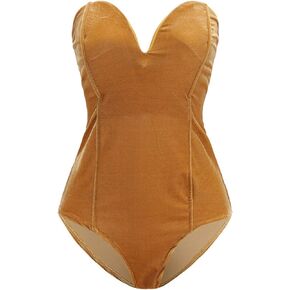Women's Vintage Velvet Bodysuit Deep V Strapless Sexy Cross Back Bodycon Jumpsuit