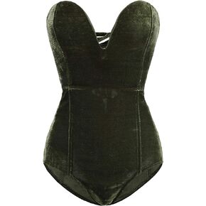 Women's Vintage Velvet Bodysuit Deep V Strapless Sexy Cross Back Bodycon Jumpsuit