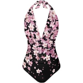 Colorful Tummy Control Bathing Suits for Women, V Neck One Piece Swimsuits Self Tie Halter Swimwear Plus Size