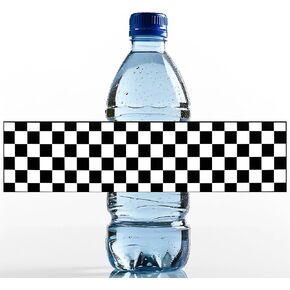 25 Pcs Race Car Water Bottle Labels, Checkered Paper Wrappers Waterproof Labels, White and Black Race Car Favor Stickers for 80's 90's Party Truck Birthday Party Decor (8" X 2")