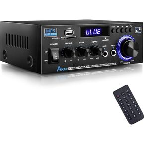 AK45 Bluetooth 5.0 Stereo Audio Amplifier,Max 300W, 2.0 Channel Hifi Stereo Amplifie System w/FM Radio,USB/SD/RCA/MIC in, Home Amp Perfect for Home Theater & bookshelf Speakers,Studio, Karaoke