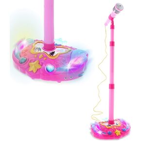 Mozlly Super Star Kids Karaoke Machine with Microphone Stand Playset - Pink Microphone with Stand with Built-in Jack and Speaker for MP3 Player, Singing Toys for Girls and Boys with Music and Light