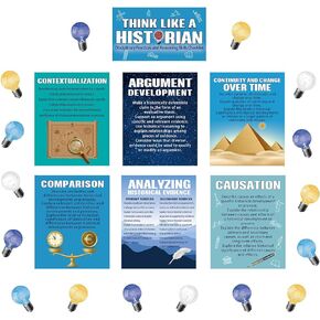 Outus 47 Pieces Thinking Poster Social Studies Bulletin Board Decoration with Light Bulb Cutouts Think Like a Historian Poster for Middle School High School Office Home Classroom Supplies (Bright)
