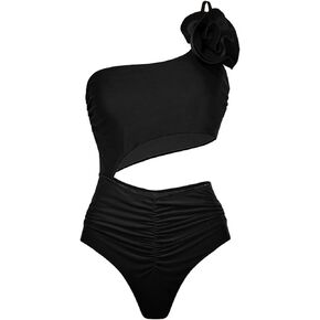Women' s One Piece Swimsuits Cutout One Shoulder Bathing Suit 3D Flower Ruched Monokini Tummy Control