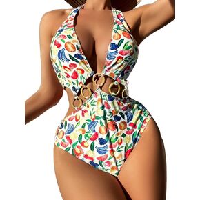 FlatterMe Fruit Print Ring Linked One Piece Swimsuit Cut Out Monokini Bathing Suit