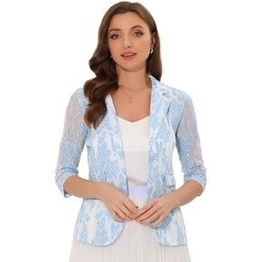 Allegra K Women's Bussiness Casual Blazers Floral Lace 3/4 Sleeve Single Button Elegant Blazer Suits