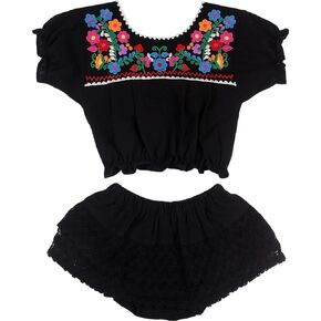 YZXDORWJ Mexican Baby Girl Outfits Embroidered Floral Fiesta Clothing Set Lace Summer Shorts Ethnic Wear