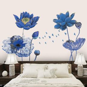 Creative Gaint Cartoon Blue Lotus Wall Stickers Removable DIY Flowers Nursery Decor Wall Decals 3D Floral Peel and Stick Art for Home Walls Girls Bedroom Living Room Classroom Bathroom