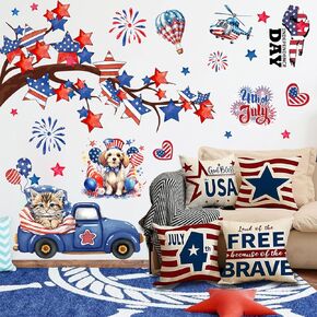 Independence Day Wall Decals Decor 2 Large Sheets 4th of July Patriotic Wall Stickers Removable Star Tree Cat Dog Fireworks USA Flag Memorial Day Wall Decor 4th of July Stickers for Office Home Decor