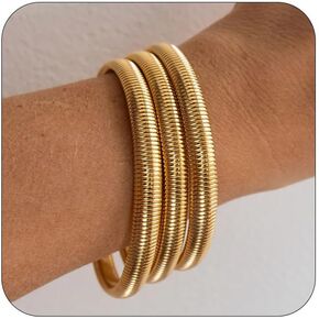 Gold Bangles for Women Chunky Stretch Bangle Bracelets Set 18K Gold Plated Stainless Steel 3 Pieces Stretchy Link Chain Bracelet Flexible Wide Wristband Stack Bangle Bracelet Set Trendy Jewelry Gift