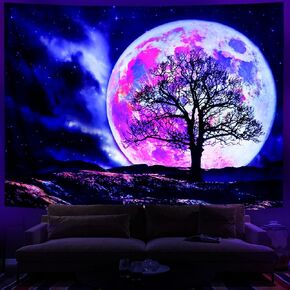 Leofanger Blacklight Moon Tapestry UV Reactive Galaxy Space Tapestry Trippy Mountain Tree Tapestry Starry Night Sky Tapestry Wall Hanging for Home Decor(51.2"x59.1")