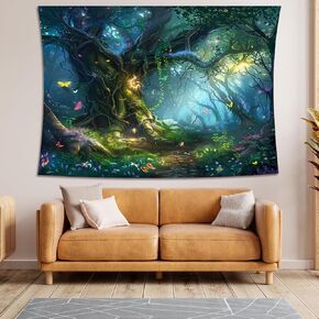 نسيج الغابات السحرية، نسيج ليلة الغابة، نسيج الغابات حكاية خرافية، شجرة الحياة الطبيعية مع فراشة المناظر الطبيعية نسيج الجدار شنقا لتزيين غرفة النوم وغرفة المعيشة (51.2 × 59.1 بوصة) in Kuwait