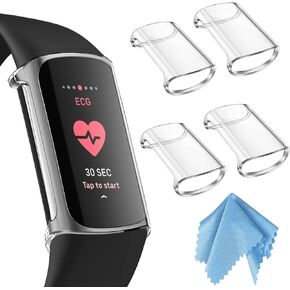 Fintie 4-Pack Case Compatible with Fitbit Charge 6/5 (Not for Charge 4/3), Full-Around Screen Protector TPU Case Cover Bumper Shell Accessories, Clear, Black, Rose Gold, Silver