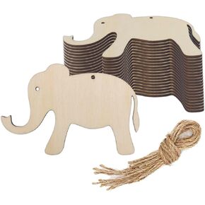 20pcs Elephant Wood DIY Crafts Cutouts Wooden Elephant Shaped Hanging Ornaments with Hole Hemp Ropes Wood Tags for Baby Shower Wedding Birthday Party Decorations