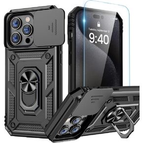 حافظة Goton لهاتف iPhone 15 Pro Max مع واقي شاشة - غطاء كاميرا منزلق حافظة هاتف واقية مع حامل حلقي، ممتص للصدمات متين وشديد التحمل لملحقات iPhone 15 Promax أسود