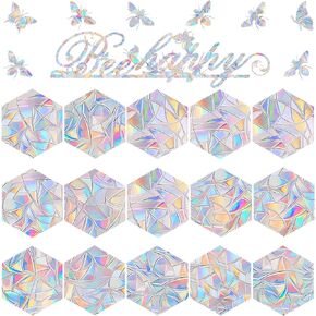 Bee Happy and Hexagons Bee Window Clings for Bird Strickes - Anti-Collision Window Decals to Save Birds from Window Collisions,Non Adhesive Prismatic Window Clings, Rainbow Stickers(33 pcs)