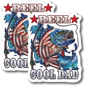 (2 Pack) Reel Cool Dad Fisherman American Flag Bass Stickers - 5" On Longest Side - for Car, Truck, SUV - Easy Peel and Stick Vinyl Decals - Made in USA - BMCS0128