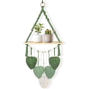 Macrame Wall Hanging Shelf Wood Floating Storage Shelf Boho Woven Leaf Wall Decor Plant Hanger for Photo Display Bedroom Living Room Nursery Decor