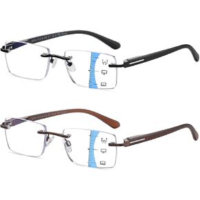 2 Pack Lightweight Multifocus Progressive Reading Glasses Men, Rimless Multifocal No Line Bifocal Blue Light Readers