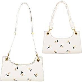 White Daisy Embroidery Underarm Crossbody Shoulder Bag with 2 Removable Straps