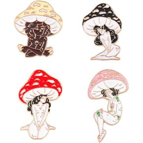 4PCs Cartoon Mushroom Girl Pins Brooches Enamel Lapel Pin Cute Mushroom Brooch Pin Plant Mental Enamel Pins Set Mushroom Brooches for Backpack Cloths Hats Accessories Decor Women Girls Jewelry Gifts