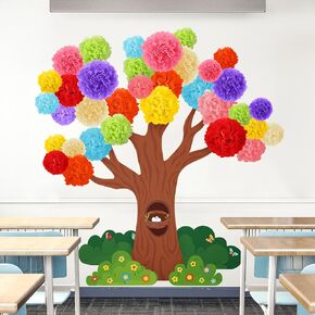 Spring Classroom Tree Bulletin Board Set 3D Tree Classroom Decoration with Paper Pom Poms Tree Wall Decoration for Preschool Kindergarten Primary School Back to School Supplies