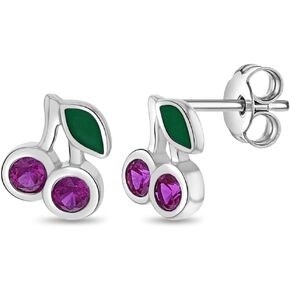 925 Sterling Silver Glittering Cherry Standard Push Back Earrings For Young Girls & Preteens - Small Fuchsia Cubic Zirconia Stone Cherry Earrings For Little Girls - Fruit Earrings For Chidren