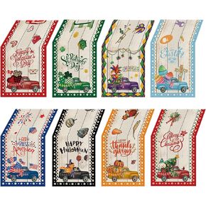 4 Pcs Cute Gnomes Buffalo Plaid Table Runner 72 Inches Long, Hello Spring Hello Summer Seasonal Table Decor, Hello Fall Hello Winter Burlap Table Runner for Kitchen Farmhouse Home Party